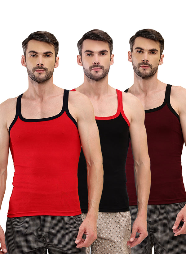 T.T. Men|Desire Premium|Pure Cotton|Rib Gym Vest|Breathable, Soft & Stretchable Innerwear For Men | Gym, Sports & Daily Wear|Pack Of 3|Black,Maroon,Red