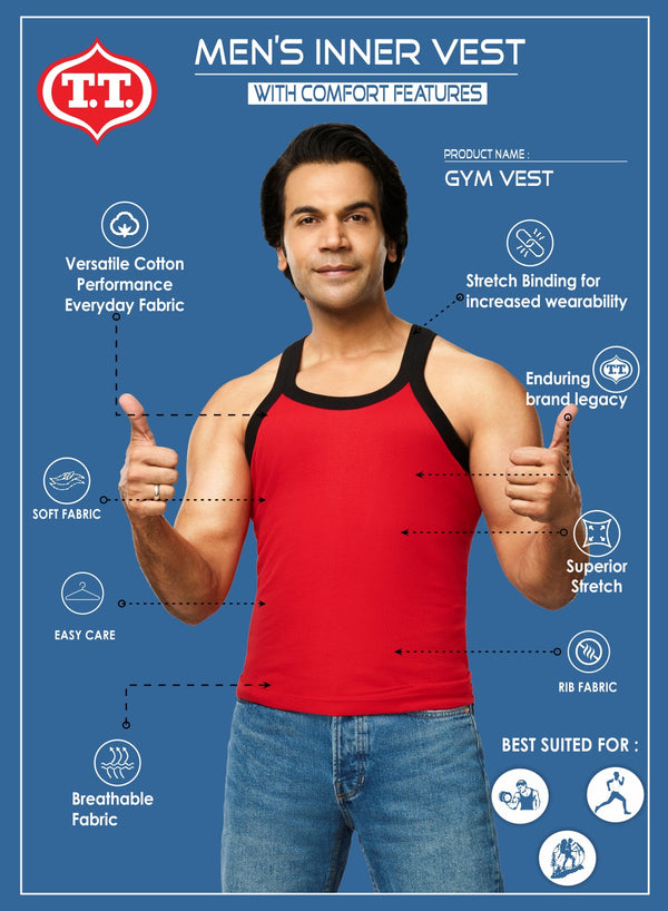 T.T. Men|Desire Premium|Pure Cotton|Rib Gym Vest|Breathable, Soft & Stretchable Innerwear For Men | Gym, Sports & Daily Wear|Pack Of 3|Black,Grey,Red