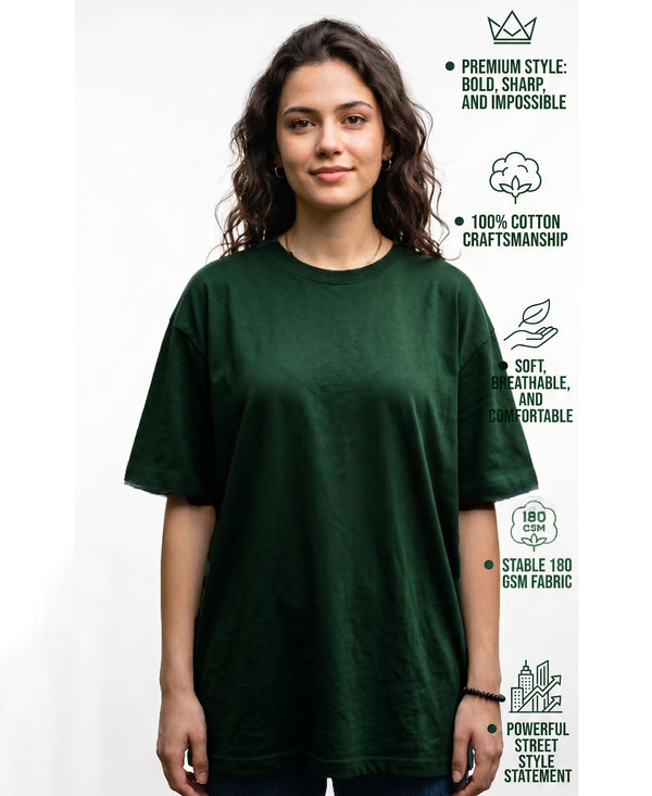 T.T. Women Oversized Fit Cotton Round Neck Tees Green