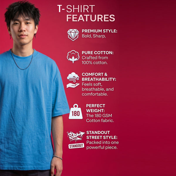 T.T. Men Oversized Fit Cotton Round Neck Tees Teal Blue