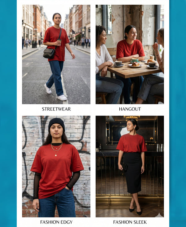 T.T. Women Oversized Fit Cotton Round Neck Tees Red