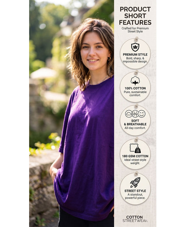 T.T. Women Oversized Fit Cotton Round Neck Tees Purple