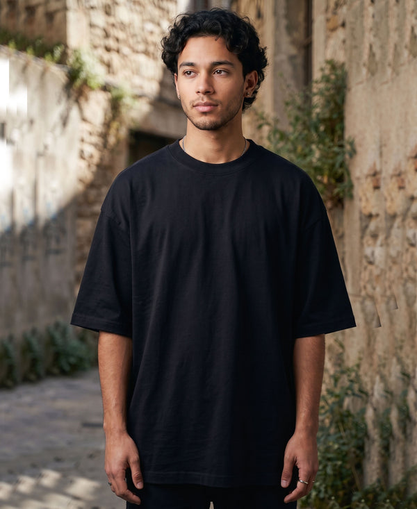 T.T. Men Oversized Fit Cotton Round Neck Tees Black