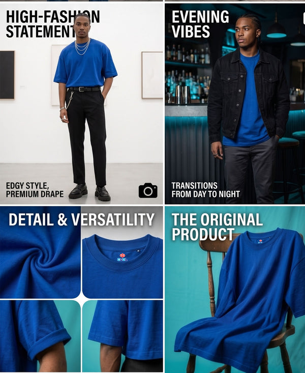 T.T. Men Oversized Fit Cotton Round Neck Tees Royal Blue