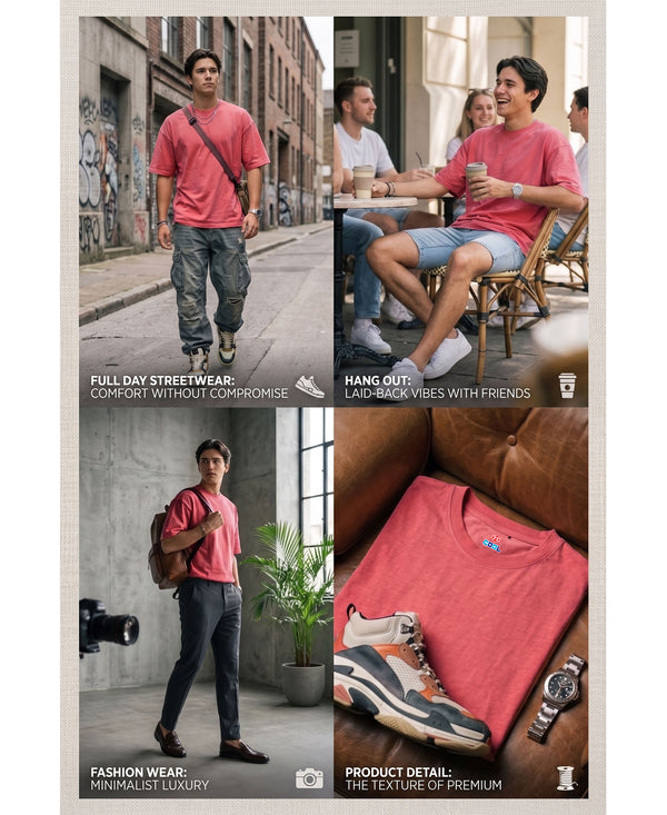 T.T. Men Oversized Fit Cotton Round Neck Tees Pink