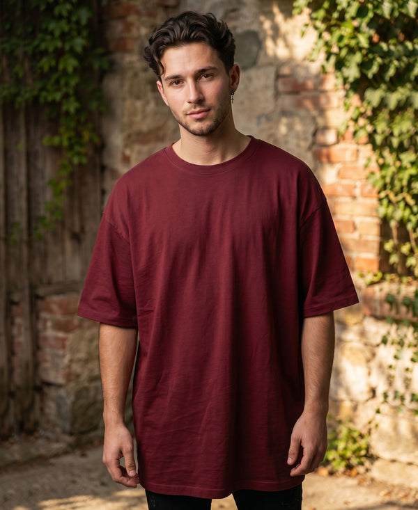 T.T. Men Oversized Fit Cotton Round Neck Tees Maroon