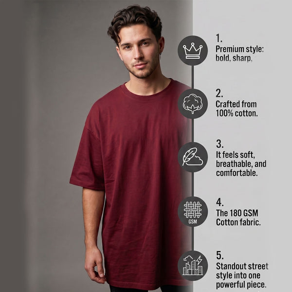 T.T. Men Oversized Fit Cotton Round Neck Tees Maroon