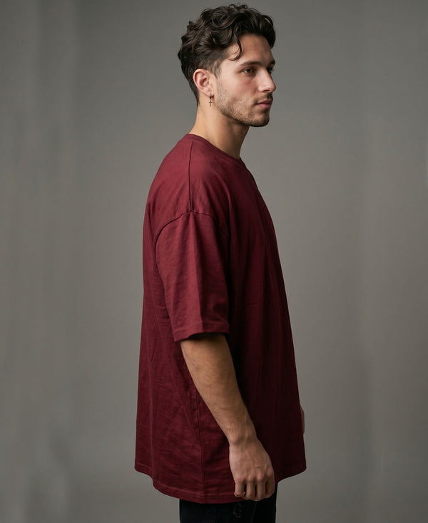 T.T. Men Oversized Fit Cotton Round Neck Tees Maroon