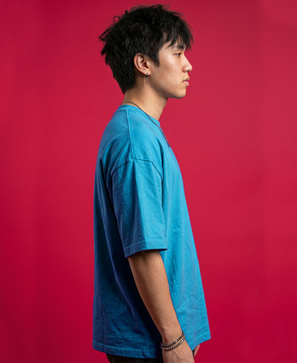 T.T. Men Oversized Fit Cotton Round Neck Tees Teal Blue