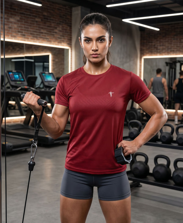 T.T. Women Dri-Fit Polyester Dot- Knit Fabric Round Neck Tees Maroon