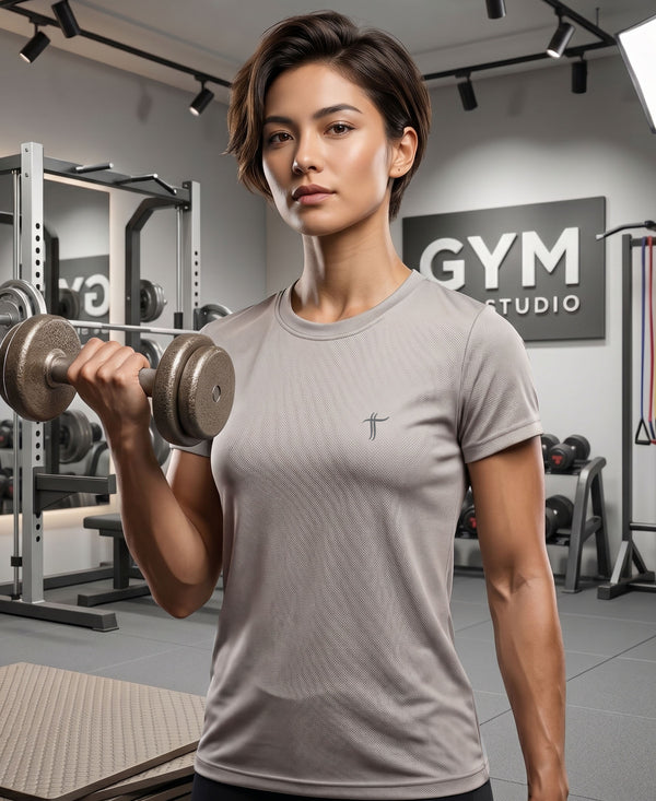 T.T. Women Dri-Fit Polyester Dot- Knit Fabric Round Neck Tees Beige