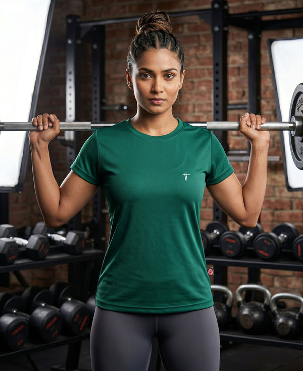T.T. Women Dri-Fit Polyester Dot- Knit Fabric Round Neck Tees Green