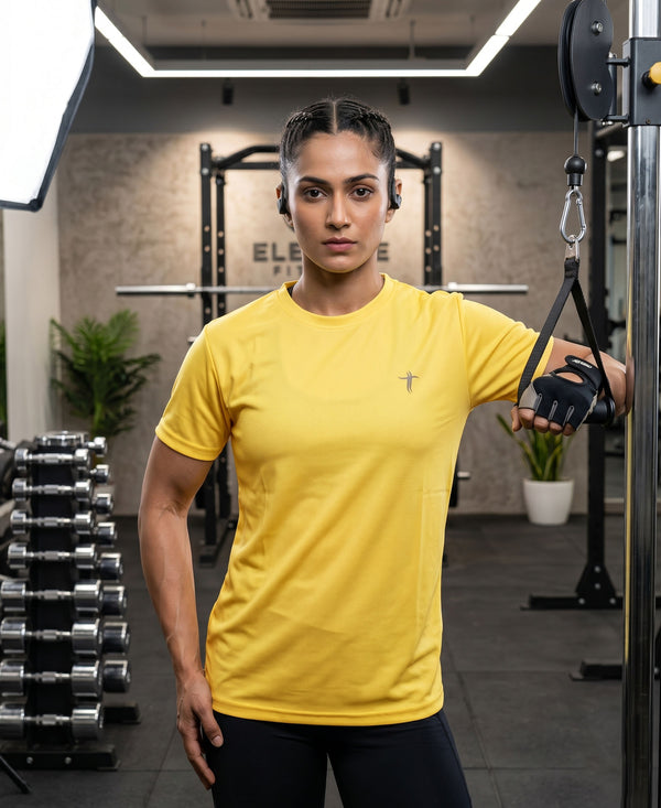 T.T. Women Dri-Fit Polyester Dot- Knit Fabric Round Neck Tees Yellow