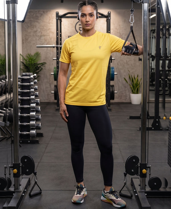 T.T. Women Dri-Fit Polyester Dot- Knit Fabric Round Neck Tees Yellow