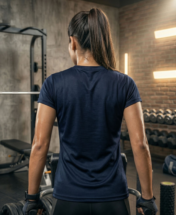 T.T. Women Dri-Fit Polyester Dot- Knit Fabric Round Neck Tees Navy