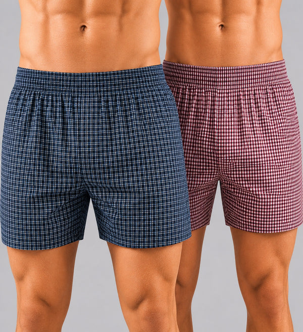 T.T. Men Checked Cotton Blend Boxer Short Navy,Pink