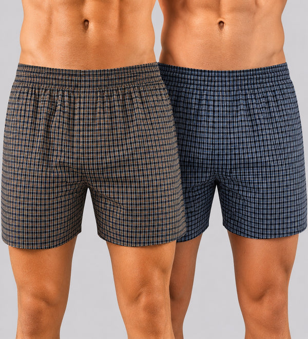T.T. Men Checked Cotton Blend Boxer Short Navy,Brown