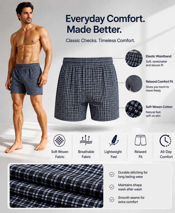 T.T. Men Checked Cotton Blend Boxer Short Navy