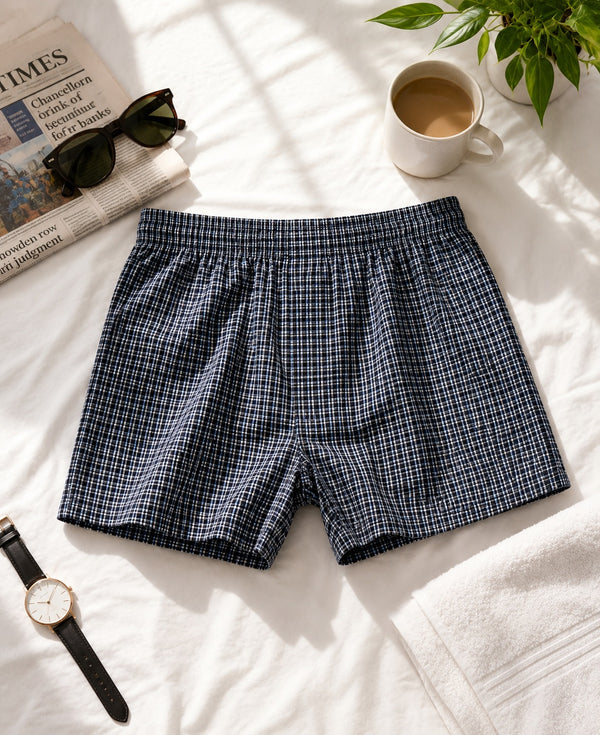 T.T. Men Checked Cotton Blend Boxer Short Navy