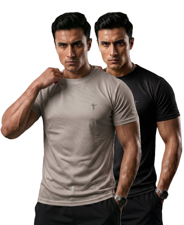 T.T. Men Dri-Fit Polyester Dot- Knit Fabric| Round Neck | Half Sleeve | Sweat-Wicking Gym & Active Wear Tees Pack Of 2 Light Grey,Black