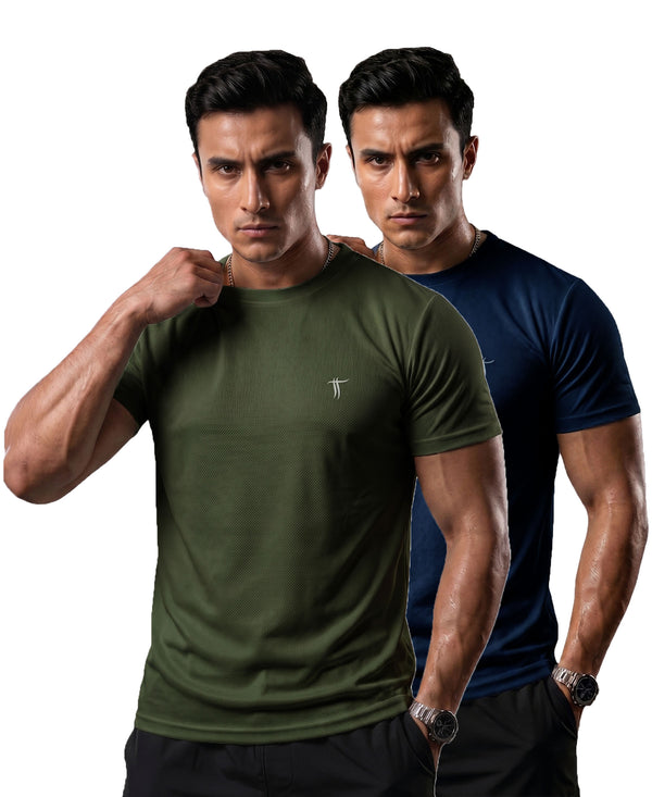 T.T. Men Dri-Fit Polyester Dot- Knit Fabric| Round Neck | Half Sleeve | Sweat-Wicking Gym & Active Wear Tees Pack Of 2 Olive,Navy