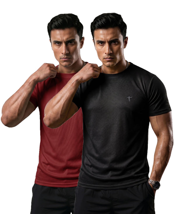 T.T. Men Dri-Fit Polyester Dot- Knit Fabric| Round Neck | Half Sleeve | Sweat-Wicking Gym & Active Wear Tees Pack Of 2 Maroon,Black