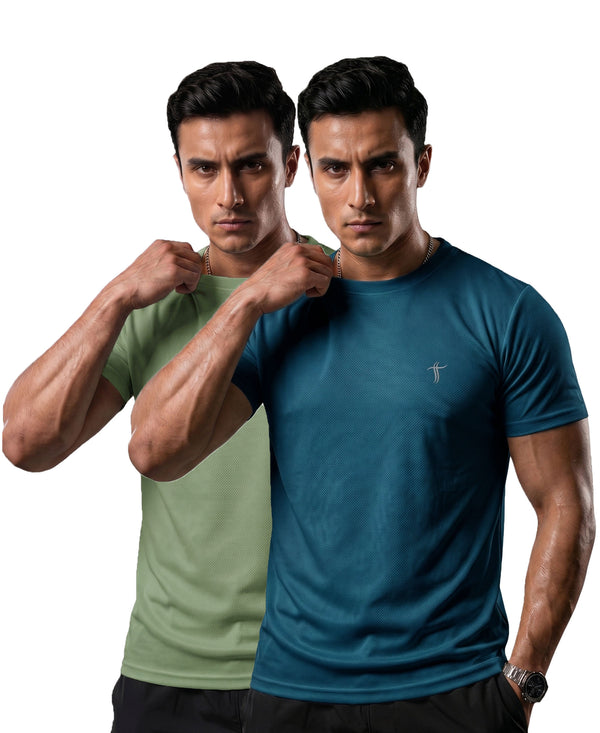 T.T. Men Dri-Fit Polyester Dot- Knit Fabric| Round Neck | Half Sleeve | Sweat-Wicking Gym & Active Wear Tees Pack Of 2 Light Green,Teal
