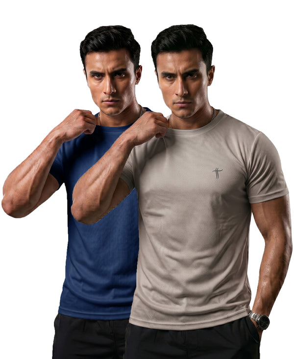 T.T. Men Dri-Fit Polyester Dot- Knit Fabric| Round Neck | Half Sleeve | Sweat-Wicking Gym & Active Wear Tees Pack Of 2 Blue,Light Grey
