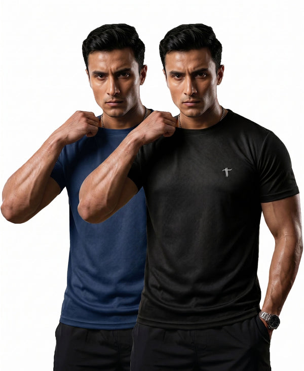 T.T. Men Dri-Fit Polyester Dot- Knit Fabric| Round Neck | Half Sleeve | Sweat-Wicking Gym & Active Wear Tees Pack Of 2 Black,Blue