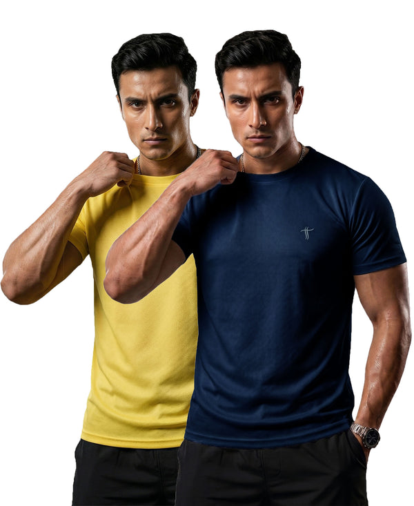 T.T. Men Dri-Fit Polyester Dot- Knit Fabric| Round Neck | Half Sleeve | Sweat-Wicking Gym & Active Wear Tees Pack Of 2 Yellow,Navy
