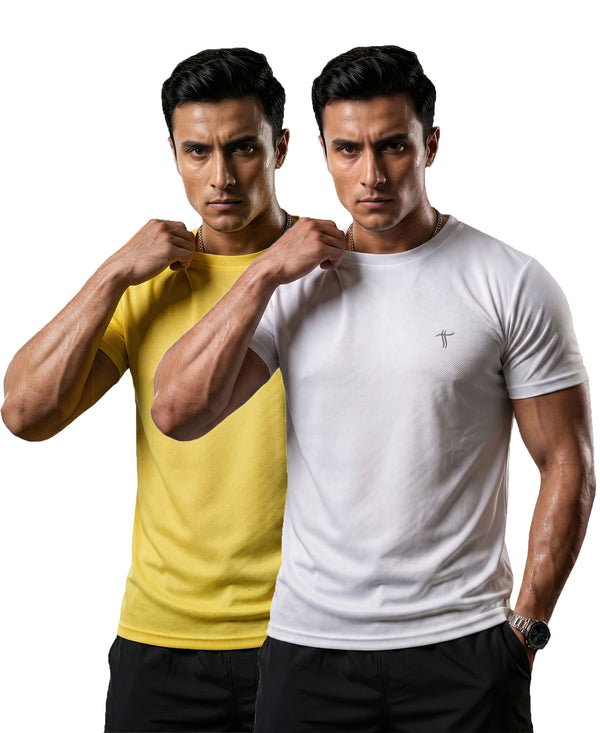 T.T. Men Dri-Fit Polyester Dot- Knit Fabric| Round Neck | Half Sleeve | Sweat-Wicking Gym & Active Wear Tees Pack Of 2 Yellow,White