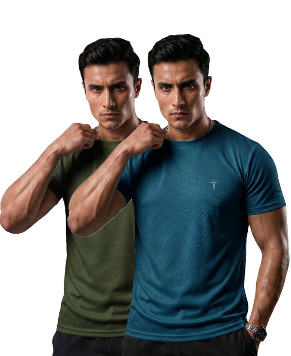 T.T. Men Dri-Fit Polyester Dot- Knit Fabric| Round Neck | Half Sleeve | Sweat-Wicking Gym & Active Wear Tees Pack Of 2 Olive,Teal