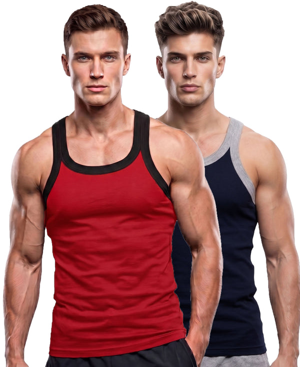 T.T. Men|Titanic Premium Gym Vest|Pure Cotton|Rib Fabric|Moisture-Wicking, Breathable & Stretchable Sleeveless Undershirt| Ideal For Gym, Sports & Daily Wear|Pack Of 2|Red,Navy