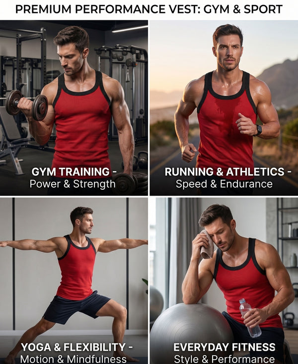 T.T. Men|Titanic Premium Gym Vest|Pure Cotton|Rib Fabric|Moisture-Wicking, Breathable & Stretchable Sleeveless Undershirt| Ideal For Gym, Sports & Daily Wear|Pack Of 2|Red,Black