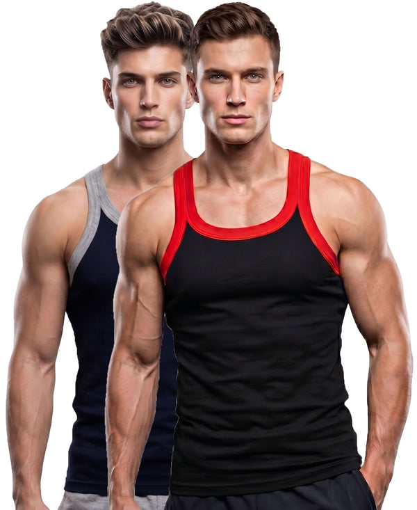 T.T. Men|Titanic Premium Gym Vest|Pure Cotton|Rib Fabric|Moisture-Wicking, Breathable & Stretchable Sleeveless Undershirt| Ideal For Gym, Sports & Daily Wear|Pack Of 2|Black,Navy