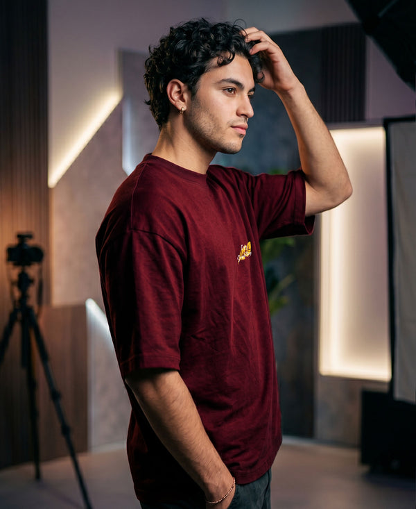 T.T. Men|Oversized Printed T-Shirt|Round Neck|Soft Breathable Cotton Fabric | Street , Casual & Outdoor Wear Tees|Big Print|Maroon
