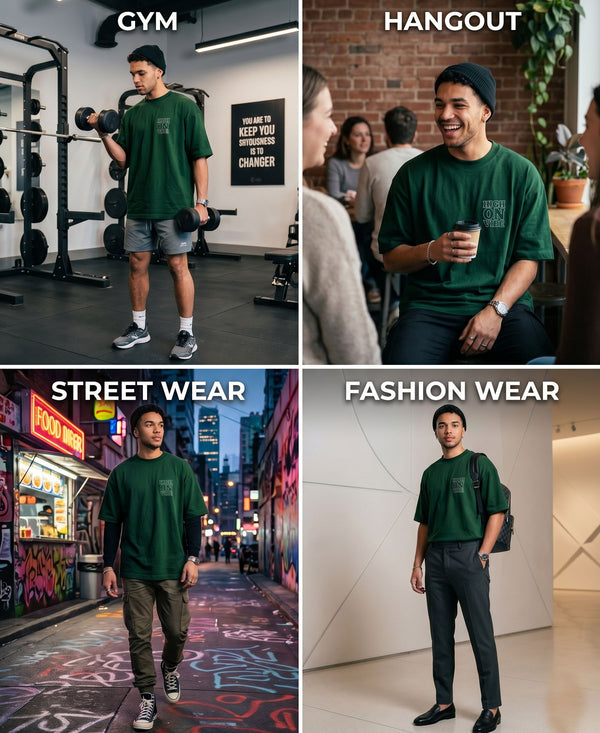 T.T. Men|Oversized Printed T-Shirt|Round Neck|Soft Breathable Cotton Fabric | Street , Casual & Outdoor Wear Tees|Big Print|Green