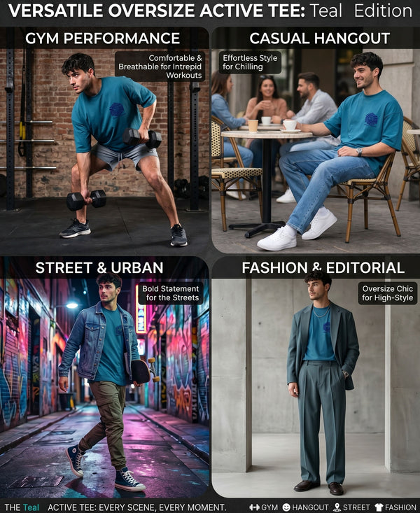 T.T. Men|Oversized Printed T-Shirt|Round Neck|Soft Breathable Cotton Fabric | Street , Casual & Outdoor Wear Tees|Big Print|Teal Blue