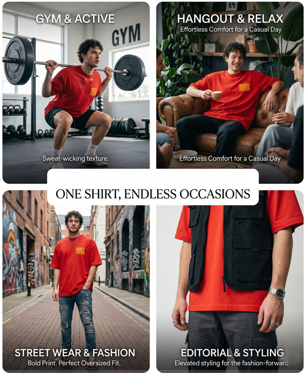 T.T. Men|Oversized Printed T-Shirt|Round Neck|Soft Breathable Cotton Fabric | Street , Casual & Outdoor Wear Tees|Big Print|Red