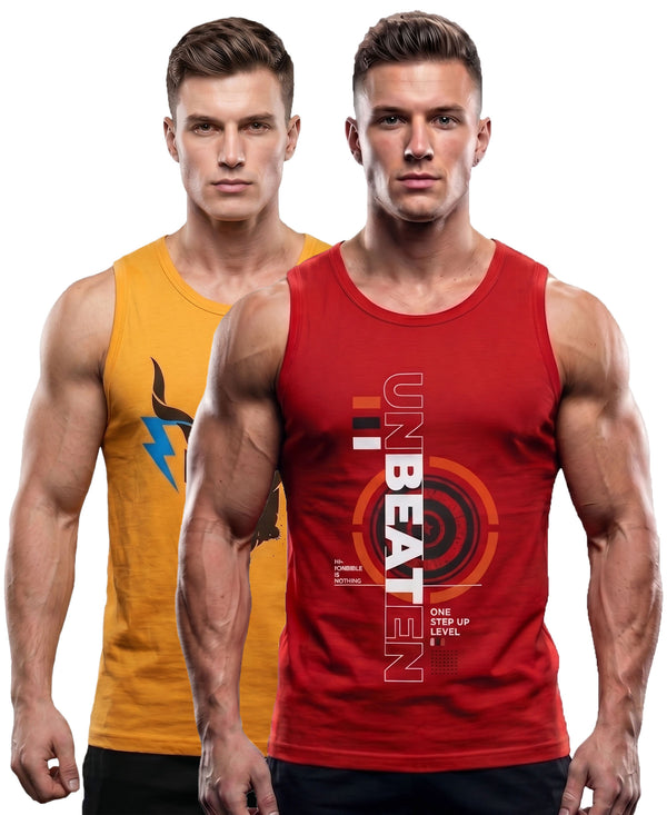 T.T. Men Cool Cotton Printed Regular Fit Round Neck Muscle Tees|Pack Of 2|Mustard,Red