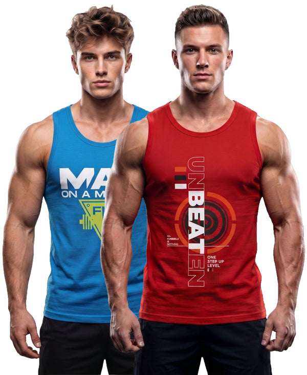 T.T. Men Cool Cotton Printed Regular Fit Round Neck Muscle Tees|Pack Of 2|Blue,Red