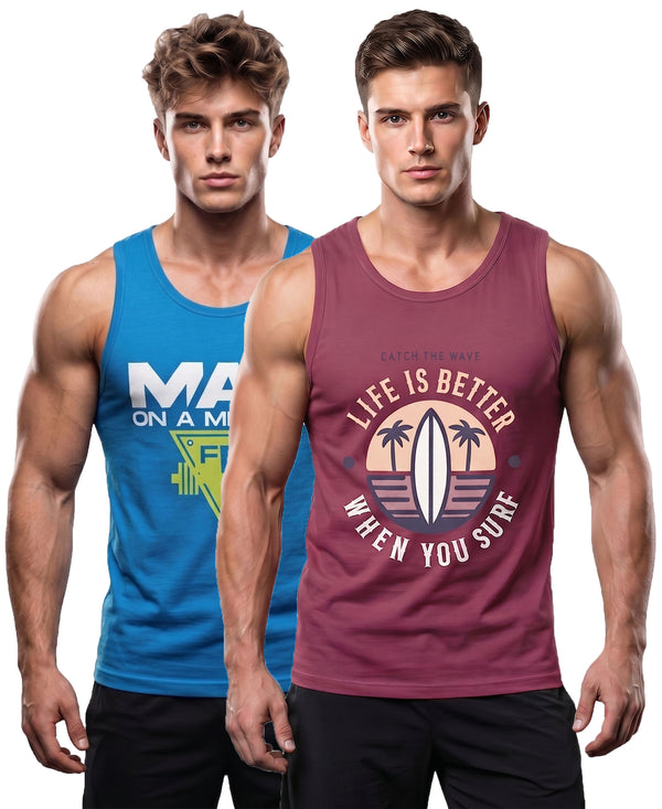 T.T. Men Cool Cotton Printed Regular Fit Round Neck Muscle Tees|Pack Of 2|Blue,Onion