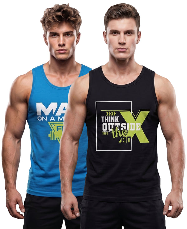 T.T. Men Cool Cotton Printed Regular Fit Round Neck Muscle Tees|Pack Of 2|Blue,Black