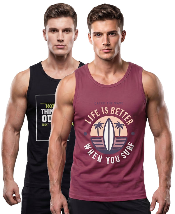 T.T. Men Cool Cotton Printed Regular Fit Round Neck Muscle Tees|Pack Of 2|Black,Onion