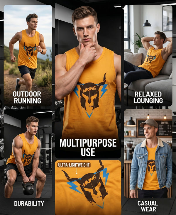 T.T. Men Cool Cotton Printed Regular Fit Round Neck Muscle Tees Mustard