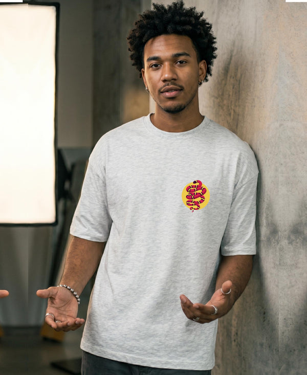 T.T. Men|Oversized Printed T-Shirt|Round Neck|Soft Breathable Cotton Fabric | Street , Casual & Outdoor Wear Tees|Snake Print|Grey Melange