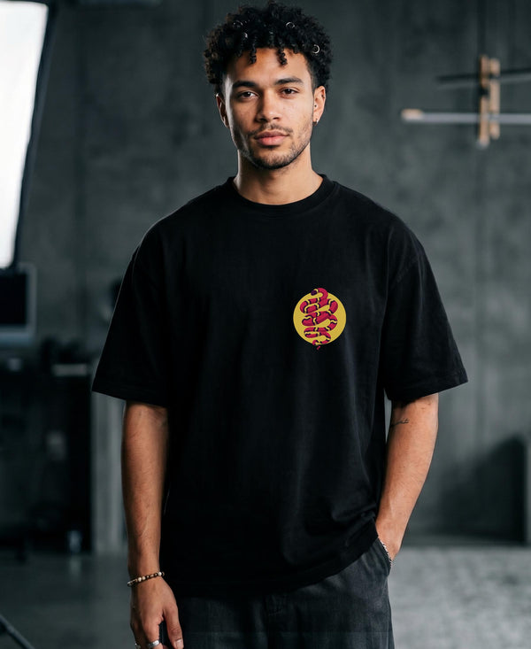 T.T. Men|Oversized Printed T-Shirt|Round Neck|Soft Breathable Cotton Fabric | Street , Casual & Outdoor Wear Tees|Snake Print|Black