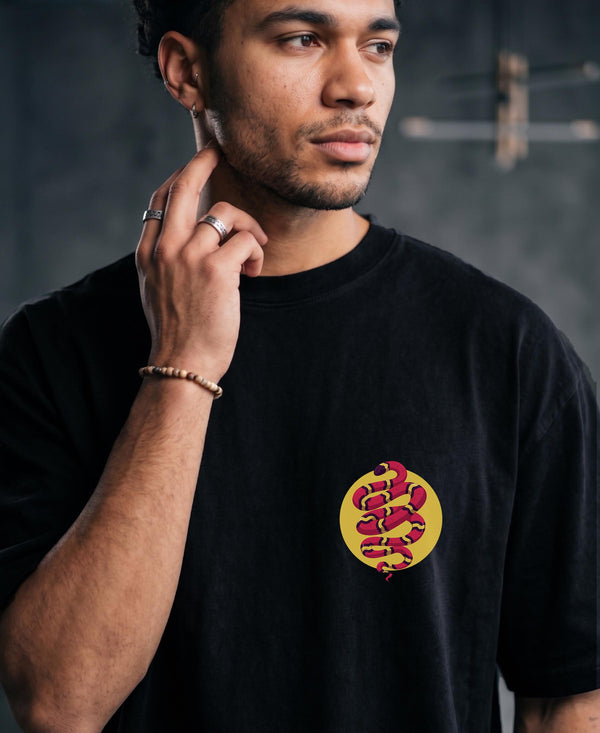 T.T. Men|Oversized Printed T-Shirt|Round Neck|Soft Breathable Cotton Fabric | Street , Casual & Outdoor Wear Tees|Snake Print|Black