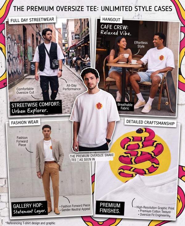 T.T. Men|Oversized Printed T-Shirt|Round Neck|Soft Breathable Cotton Fabric | Street , Casual & Outdoor Wear Tees|Snake Print|White