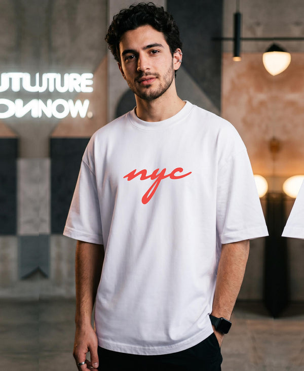 T.T. Men|Oversized Printed T-Shirt|Round Neck|Soft Breathable Cotton Fabric | Street , Casual & Outdoor Wear Tees|Nyc Print|White